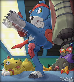 3_fingers 3_toes ambiguous_gender animal_genitalia animal_penis anthro anus avian_feet avian_legs balls beak biped bird_legs black_body black_feathers black_nose blue_body blue_fur blue_markings bodily_fluids boxing_gloves bruised bruised_face bruised_head canine_genitalia canine_penis chest_tuft claws cloacal_penis clothing detailed_background dizzy dizzy_eyes facial_markings feathers feet finger_claws fingers flaccid fur genital_fluids genitals gloves green_eyes grey_claws group gym handwear head_markings humanoid_feet kerchief kick kickboxing knot knotted_penis leaking_precum looking_at_another looking_at_object low-angle_view lying male markings mostly_nude motion_blur motion_lines multicolored_body multicolored_feathers multicolored_fur on_front open_mouth penis perineum plantigrade precum precum_on_own_penis precum_on_penis precum_string punching_bag red_body red_claws red_clothing red_feathers red_gloves red_handwear red_kerchief red_tail_feathers shaking sitting sitting_on_ground tail tail_feathers toe_claws toes trio tuft two_tone_body two_tone_chest two_tone_face two_tone_feathers two_tone_feet two_tone_fur two_tone_tail white_bandages white_body white_fur yellow_body yellow_eyes yellow_markings ryudorubr bandai_namco digimon agumon digimon_(species) falcomon falcomon_(2006_anime) gaomon 2025 digital_drawing_(artwork) digital_media_(artwork) hi_res signature