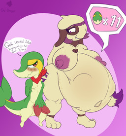 2_penises animal_genitalia animal_penis anthro belly big_belly big_breasts big_butt blush breasts butt egg erection female gender_transformation genitals hair heart_symbol hemipenes huge_belly huge_breasts hyper hyper_pregnancy impregnation impregnation_count kerchief male male/female multi_genitalia multi_penis nipples non-mammal_nipples penis pregnant pregnant_anthro pregnant_female purple_hair sheepish_grin sheepish_smile smug_expression smug_eyes smug_face stacked_impregnation text thick_penis thick_thighs transformation wide_hips conditional_dnp ori-doggo nintendo pokemon berber ori_(ori-doggo) generation_2_pokemon generation_5_pokemon pokemon_(species) smeargle snivy 2025 absurd_res hi_res japanese_text
