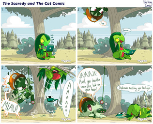 anthro computer dialogue duo electronics female fur green_body green_fur laptop leaf leaf_hair leaf_tail male multicolored_body multicolored_fur plant plant_hair pseudo_hair red_body semi-anthro tail text tree two_tone_body two_tone_fur yo-yo sobblefan nintendo pokemon felid feline floragato generation_3_pokemon generation_9_pokemon grovyle lizard mammal pokemon_(species) reptile scalie absurd_res comic english_text hi_res