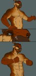 3_panel_comic abs anthro beard biceps blue_eyes body_hair bracelet brown_hair chest_hair chest_tuft clothed clothing deltoids ear_piercing facial_hair facial_piercing fist flexing flexing_pec grey_eyes grin hair hand_on_hip horn horn_jewelry jewelry looking_at_viewer male manly muscular navel necklace nose_piercing nose_ring nude obliques pecs piercing ring_piercing smile solo standing topless triceps tuft vein veiny_muscles movd bovid bovine cattle mammal 2024 absurd_res hi_res