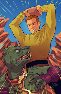 ambush arm_warmers armwear blue_sky bodily_fluids claws cliff clothing day detailed_background duo earhole fight green_body green_scales holding_object light_body light_skin looking_back looking_down looking_up male outside rock saliva scales sharp_teeth shoulderless_sweater sky starfleet_uniform teeth galoogamelady star_trek star_trek_the_original_series james_t._kirk gorn_(species) human mammal scalie hi_res signature
