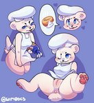 3_toes anthro anus apron bakery bear bimbo_(bakery) bimbo_bear black_nose blue_eyes blush body_blush bottomless bread breasts clothed clothing cum_request feet female food fur genitals hi_res hindpaw insemination_request lying mammal mascot nub_tail on_back one_eye_closed pawpads paws pink_pawpads presenting presenting_pussy pussy pussy_blush requesting slightly_chubby solo spread_legs spreading toes white_body white_fur wimbocs wink