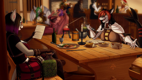 alcohol alembic anthro bar beverage black_body black_skin bottomwear brown_hair candlelight clothing container corset cup drinking_glass eyewear fantasy female food fur furniture glass glass_container glass_cup glasses gloves green_eyes grey_body grey_fur grey_skin group hair handwear laugh legwear light lingerie male potion shark_tail sitting skirt syringe table tavern thigh_highs topwear wine wine_bottle wine_glass yellow_eyes chromakoros dungeons_and_dragons hasbro wizards_of_the_coast brem_(bremfur) sammy_(sharkafterdarkx) shotty_the_fruit_bat xeras_miro aquatic bat dhampir domestic_cat felid feline felis fish human mammal murid murine rat rodent shark tabaxi 16:9 hi_res widescreen