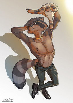 anthro areola bottomwear clothed clothing fingerless_gloves footwear gloves hand_behind_head handwear looking_at_viewer male mastectomy_scar nipple_piercing nipples pants piercing scar shoes simple_background solo standing tail topless topless_anthro topless_male visibly_trans jackiry tails_noir larry_(tails_noir) mammal procyonid raccoon digital_media_(artwork) hi_res