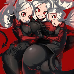 big_breasts big_butt black_bottomwear black_clothing black_pants black_topwear bottomwear breast_size_difference breast_squish breasts breasts_frottage butt camel_toe camera clothed clothing collared_shirt dress_shirt eyelashes female fully_clothed glistening glistening_clothing gloves grin group hair hand_holding hand_on_hip handwear light_body light_skin long_hair looking_at_viewer monotone_hair nipple_outline open_mouth open_smile pants rear_view red_background red_clothing red_eyes red_shirt red_topwear shirt simple_background small_breasts smile spade_tail squish standing tail teeth tight_clothing topwear trio vest white_hair deto helltaker cerberus_(helltaker) animal_humanoid canid canid_demon canid_humanoid canine canine_humanoid demon humanoid mammal mammal_humanoid 1:1 absurd_res hi_res