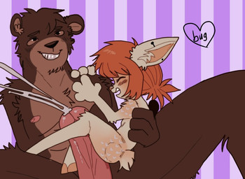 anthro bodily_fluids cum duo female genital_fluids grizz_the_bear happy looking_pleasured male male/female orgasm sex sitting straddling thigh_sex puppydeer lucy_bambietta bear canid canine deer mammal puppydeer(species)