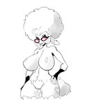 anthro armwear big_breasts breasts clothing crotch_tuft eyewear featureless_breasts female fur genitals glasses hair hand_on_hip inner_ear_fluff mostly_nude purple_eyes pussy simple_background smile solo standing tail tuft white_background jijis-waifus bovid mammal 5:6