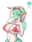 4_fingers anthro arms_bent big_breasts bikini blonde_eyebrows blonde_eyelashes blonde_hair blue_eyes blush bodily_fluids breasts cleavage clothed clothed_anthro clothed_female clothing ears_down emanata eyebrows eyelashes female female_anthro fingers fingers_together glistening glistening_body glistening_eyes hair index_to_index looking_at_viewer mouth_closed multicolored_body navel nipple_outline number pivoted_ears pupils red_bikini red_clothing red_hairband red_swimwear shy snout solo standing swimwear teal_body tears three-quarter_view two-piece_swimsuit two_tone_body white_body white_sclera kyokushin my_hero_academia ippan_josei mammal quirked_human_(my_hero_academia) 2024 3:4 digital_drawing_(artwork) digital_media_(artwork) half-length_portrait hi_res portrait shaded signature