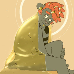 anthro bed_sheet bedding black_body black_fur brown_eyes claws dreadlocks ear_piercing eyebrows facial_piercing finger_claws fur gauged_ear golden_piercing hair labret_piercing lip_piercing looking_away male nude piercing red_hair simple_background solo tan_background whisker_spots p_rindustries gale_(p_rindustries) felid mammal pantherine 1:1 2020 hi_res