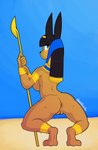 anthro black_hair black_nose blue_eyes breasts butt egyptian female genitals hair holding_object holding_weapon jewelry kneeling looking_at_viewer mostly_nude pussy side_boob simple_background solo tailless weapon criminalbunnydraws egyptian_mythology middle_eastern_mythology mythology zenonzard anbs-02 anubis canid canine canis deity jackal mammal hi_res