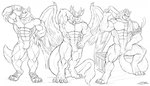 abs anthro claws closed_smile crotch_tuft fangs feathered_wings feathers featureless_crotch flexing_muscles front_view group horn looking_at_viewer male mouth_closed muscular muscular_anthro muscular_male nude open_mouth pecs simple_background smile standing teeth tongue tongue_out trio tuft wing_claws wings crazydrak canid canine hyena mammal 2019 dated monochrome signature