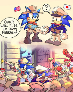 american_flag anthro belt boots boxer_rebellion clothing dialogue duo footwear gesture gloves gun handgun handshake handwear hat headgear headwear japan_flag male military one_eye_closed punch question_mark ranged_weapon revolver rifle sandbag shoes soldier united_states_of_america war warrior weapon dorefatum sega sonic_the_hedgehog_(series) sonic_the_hedgehog eulipotyphlan hedgehog human mammal 2026 hi_res