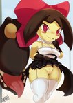 blush breasts clothed clothing clothing_lift dress dress_lift female genitals no_underwear pussy red_eyes smile solo teeth tongue tongue_out owahi_ego nintendo pokemon generation_3_pokemon humanoid mawile pokemon_(species) hi_res