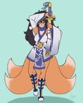 anthro arm_above_head asian_clothing bell clothing east_asian_clothing female fur japanese_clothing melee_weapon multi_tail orange_body orange_fur scabbard scarf solo sword tail weapon furball canid canine fox fox_spirit mammal 2024 4:5 hi_res