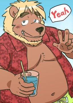 anthro belly beverage blush bottomwear brown_body brown_fur clothed clothing fur humanoid_hands kemono male moobs navel open_clothing open_shirt open_topwear overweight overweight_anthro overweight_male shirt shorts solo text topwear kick_(artist) felid lion mammal pantherine 2015