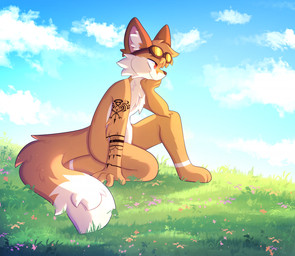 anthro arm_tattoo cheek_tuft chest_tuft day dipstick_tail eyewear eyewear_on_head eyewear_only facial_tuft goggles goggles_on_head goggles_only grass head_on_hand inner_ear_fluff male markings nude on_grass on_ground outside paws plant red_eyes side_view sky snout solo tail tail_markings tattoo tuft appliei canid canine fox mammal colored digital_drawing_(artwork) digital_media_(artwork) hi_res shaded