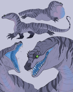 ambiguous_gender feral green_eyes grey_background grey_body leg_markings markings open_mouth quadruped sharp_teeth side_view simple_background socks_(marking) solo striped_body striped_legs striped_markings striped_neck striped_tail stripes tail tail_markings teeth unsigned swampjaws lizard monitor_lizard reptile scalie absurd_res hi_res