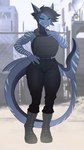 anthro big_breasts big_tail black_sclera blue_body blue_eyes braided_hair braided_ponytail breasts clothing female hair long_tail looking_at_viewer military muscular non-mammal_breasts ponytail scar smile soldier solo tail warrior wide_hips hydraoka a_man_in_a_beasts_world mika_blackclaw_(ghilliecamo) fish marine shark digital_media_(artwork) hi_res