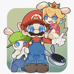 5_fingers anthro black_eyebrows black_facial_hair black_mustache blonde_hair blue_clothing blue_ear_piercing blue_eyes blue_inner_ear blue_overalls blue_pupils bottomless bottomless_anthro bottomless_female brown_clothing brown_footwear brown_shoes buckteeth button_(fastener) carrying_another closed_frown clothed clothed_anthro clothed_female clothed_human clothed_male clothing ear_piercing eyebrows facial_hair female fingers floating_ears footwear frown fully_clothed fully_clothed_anthro fully_clothed_human fully_clothed_male fur gem gloves green_clothing green_hat green_headwear green_shirt green_topwear group hair handwear hat headgear headwear larger_anthro larger_female larger_human larger_male lidded_eyes light looking_at_viewer machine male male_human mitten_hands mouth_closed mustache no_pupils noseless open_mouth open_smile overalls pawpads piercing pink_clothing pink_shirt pink_tongue pink_topwear pupils red_clothing red_shirt red_topwear ruby_(gem) sapphire_(gem) screen screen_face shirt shoes short_legs simple_background sitting_on_arm size_difference smaller_anthro smaller_female smaller_male smile standing straight_arms straight_legs tan_body tan_eyelids tan_inner_ear tan_pawpads tan_skin teeth tongue topwear white_body white_clothing white_fur white_gloves white_handwear white_pupils renballball mario_bros mario_plus_rabbids_kingdom_battle mario_plus_rabbids_sparks_of_hope nintendo raving_rabbids rayman_(series) ubisoft beep-0 mario rabbid_luigi rabbid_peach human lagomorph mammal rabbid robot 1:1 2025 colored crossover digital_drawing_(artwork) digital_media_(artwork) hi_res lighting shaded
