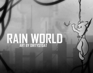 ambiguous_anthro ambiguous_gender anthro biped city cityscape dot_eyes fog fur megastructure melee_weapon outside polearm simple_eyes solo spear text weapon dirtystoat rain_world videocult batfly_(rain_world) slugcat english_text greyscale monochrome