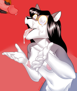 black_hair bodily_fluids breasts cum cum_on_face cum_on_glasses cum_on_tongue cum_string duo eyewear female fur genital_fluids genitals glasses grey_body grey_fur hair humanoid_genitalia humanoid_penis long_hair male male/female nude offscreen_character penis simple_background tongue tongue_out ch40t1c canid canine canis mammal wolf 2016 digital_media_(artwork)
