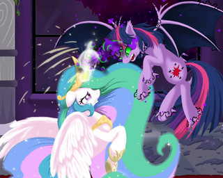 bodily_fluids corruption crown cutie_mark duo eye_mist fangs feathered_wings feathers female feral frown fur glowing green_eyes hair headgear horn long_hair magic membrane_(anatomy) membranous_wings multicolored_hair open_mouth purple_body purple_eyes purple_fur purple_hair sharp_teeth tears teeth transformation two_tone_hair white_body white_fur window wings beefcrow friendship_is_magic hasbro my_little_pony mythology princess_celestia_(mlp) twilight_sparkle_(mlp) equid equine mammal mythological_creature mythological_equine winged_unicorn 5:4