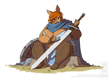 anthro armor big_breasts breasts brown_eyes cleavage cloak clothed clothing female fur hair melee_weapon obese obese_anthro obese_female overweight overweight_anthro overweight_female red_hair sharpening_stone shield simple_background solo sword tan_body tan_fur text weapon white_background conditional_dnp jollyjack battle_bunnies bebo 2018 digital_media_(artwork) url watermark