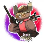 ambiguous_gender beak clothing duo eyewear feral gun hat headgear headwear ranged_weapon rifle simple_background slouch_hat sniper_rifle sunglasses weapon white_background dragonith nintendo pokemon team_fortress_2 valve sniper_(team_fortress_2) avian generation_2_pokemon hoothoot noctowl pokemon_(species) 1:1