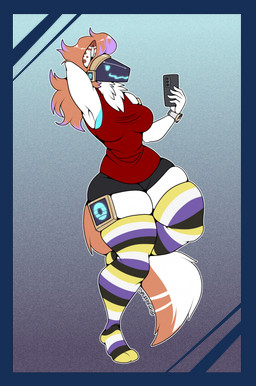 anthro black_bottomwear black_clothing black_shorts bottomwear brown_hair cellphone clock clothing electronics female footwear fur hair highlights_(coloring) holding_object holding_phone lgbt_pride machine nonbinary_pride_colors on_one_leg phone pride_colors protogen_visor purple_highlights raised_arm raised_leg red_clothing red_shirt red_tank_top red_topwear shirt shorts simple_background small_waist smartphone smartwatch socks solo standing tank_top thick_thighs topwear watch white_body white_fur wide_hips smuppetfan69 motorola x-cur510n protogen alpha_channel hi_res nonbinary_(lore) trans_(lore) trans_woman_(lore)