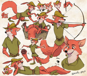 all_fours anthro arrow_(weapon) belt belt_buckle bow_(weapon) buckle bycocket chain chibi clothed clothing collared_shirt fluffy fluffy_tail half-closed_eyes hat hat_feather headgear headwear holding_object holding_pen looking_at_viewer loose_feather male multiple_poses narrowed_eyes one_eye_closed pantsless pawpads pen pose ranged_weapon reclining shirt simple_background sitting solo standing tail tongue tongue_out toony topwear weapon mofu_guys disney robin_hood_(disney) robin_hood canid canine fox mammal red_fox true_fox half-length_portrait headshot_portrait hi_res portrait