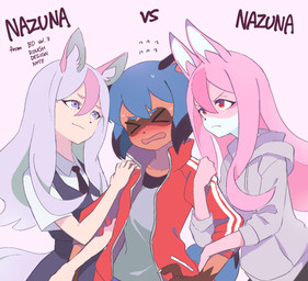 5_fingers >_< annoyed anthro arm_grab black_body black_fur black_hair black_tail_tip blue_body blue_fur blue_hair blush bodily_fluids brown_body brown_fur claws clothed clothing dipstick_tail eyes_closed facial_markings female female/female female_anthro fingers flying_sweatdrops fur gloves_(marking) group hair head_markings hoodie inner_ear_fluff jacket kemono long_hair looking_at_another markings mask_(marking) multicolored_body multicolored_fur multicolored_hair multicolored_tail necktie open_mouth pink_background pink_body pink_fur pink_hair purple_eyes purple_hair red_eyes shirt short_hair simple_background smug sweat sweatdrop tail tail_markings text topwear tuft white_body white_fur h0y0n brand_new_animal studio_trigger michiru_kagemori nazuna_hiwatashi animal_humanoid canid canid_humanoid canine canine_humanoid fox fox_humanoid humanoid mammal mammal_humanoid raccoon_dog tanuki 2020 digital_media_(artwork) english_text