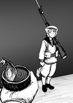 anthro bayonet duo food gradient_background gun holding_gun holding_object holding_ranged_weapon holding_rifle holding_weapon knife male navy_uniform offering_food ranged_weapon rifle sailor sailor_uniform simple_background standing tuna_(food) tuna_can weapon hladilnik ship's_catboy_(hladilnik) domestic_cat felid feline felis mammal 2023 black_and_white digital_media_(artwork) hi_res monochrome sketch