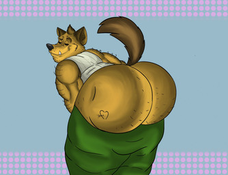 anthro big_butt bottomwear bottomwear_down bubble_butt butt clothed clothing huge_butt looking_at_viewer looking_back looking_back_at_viewer male muscular muscular_male pants pants_down partially_clothed presenting presenting_hindquarters raised_tail solo tail teasing teasing_viewer sunflower_fox hyena mammal hi_res