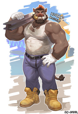 anthro arm_hair armpit_hair barazoku beard belt biceps blue_bottomwear blue_clothing blue_pants body_hair boots bottomwear brown_body brown_hair chest_hair clothed clothing construction_worker deltoids ear_piercing eyebrows facial_hair footwear forearms fully_clothed gloves gold_tusks hair hand_on_hip handwear highlights_(coloring) looking_at_viewer male metal muscular muscular_anthro muscular_arms muscular_male object_on_shoulder pants pecs piercing red_highlights shirt shoes simple_background smile solo standing tail tank_top text topwear torn_clothing torn_shirt torn_topwear triceps tusks yellow_boots yellow_clothing yellow_eyes yellow_footwear estper horgan_barderigg_(estper) mammal suid suine sus_(pig) wild_boar 2024 hi_res
