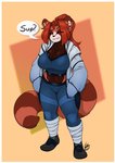 anthro breasts cleavage clothed clothing dialogue female smile solo text lunarspy xue_feng_(lunarspy) ailurid mammal red_panda english_text hi_res