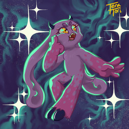 5_fingers abstract_background anthro black_hooves black_horn bovid_horn caprine_horn eyebrows eyelashes fingers floating freckles fur goat_horn hooves horn long_ears nude nude_anthro open_mouth pattern_fur pink_body pink_fur short_horn small_horn solo space thick_lines yellow_eyes teratori alien bovid caprine damascus_goat domestic_goat goat mammal 1:1