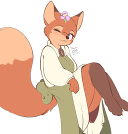 3_toes 4_fingers accessory alternative_fashion apron big_tail blue_eyes blush butt button_(fastener) cheek_tuft claws clothed clothing collared_shirt countershade_face countershading country_lolita dipstick_ears dipstick_tail dress_shirt ear_markings eyelashes facial_tuft feet female fingers flower flower_accessory fully_clothed fur green_clothing j-fashion leg_markings legs_up lolita_(fashion) markings multicolored_ears one_eye_closed paws plant shirt simple_background sitting socks_(marking) solo tail tail_markings text thick_thighs toe_claws toes topwear tuft white_background conditional_dnp tohupo kitsuki_(tohupo) canid canine fox mammal red_fox true_fox 2023 artist_name dated digital_drawing_(artwork) digital_media_(artwork) hi_res