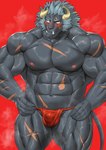 abs anthro asian_clothing balls_outline biped blue_hair bodily_fluids broken_horn bulge clothing detailed_bulge east_asian_clothing facial_scar fundoshi genital_outline hair horn japanese_clothing male male_anthro mane muscular muscular_anthro muscular_male navel nipples pecs red_clothing red_fundoshi red_underwear scar solo sweat underwear mennsuke lifewonders tokyo_afterschool_summoners krampus_(tas) demon felid lion mammal pantherine