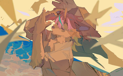 anthro barazoku biped countershade_fur countershading fur grey_body grey_fur hair male pink_hair sea slim_anthro slim_male solo sunset water white_body white_countershading white_fur viosgit canid canine canis mammal wolf 2023 hi_res warm_colors