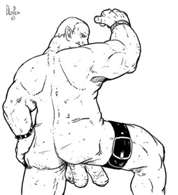 biceps butt genitals half-erect humanoid_pointy_ears leather male muscular muscular_humanoid muscular_male not_furry nude penis pointy_ears solo tusks blooper_(artist) humanoid orc low_res monochrome