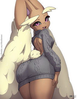 anthro big_butt biped breasts brown_body butt clothed clothing eyelashes female fingers fur grey_body looking_at_viewer looking_back open_mouth pupils simple_background smile solo sweater thick_thighs topwear rilex_lenov nintendo pokemon lizzy_(rilex_lenov) generation_4_pokemon lopunny pokemon_(species) hi_res