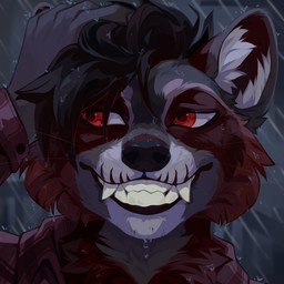 ambiguous_anthro ambiguous_gender anthro black_hair black_nose cheek_tuft clothed clothing detailed_background facial_tuft fangs front_view fur glistening glistening_eyes grin hair looking_aside raining red_clothing red_eyes red_topwear smile solo teeth topwear tuft wet wet_body wet_fur wet_hair whiskers corzh77 mammal procyonid raccoon 1:1 bust_portrait detailed hi_res icon portrait