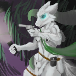 animal_genitalia anthro balls belt blue_eyes flashlight fur genitals gun handgun male nipples plant pouch_(clothing) ranged_weapon revolver sheath solo vines weapon white_body white_fur felinferno casualties:_unknown gunsawian milky_(gunsawian) 1:1 hi_res