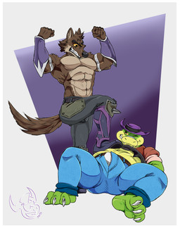 3_toes anthro border bottomwear brown_body bulge clothing duo feet flexing green_body hat headgear headwear lying male muscular muscular_male overweight overweight_male pants simple_background toes white_border mr.brapion brok_the_investigator cowcat_games dreamworks the_bad_guys brok_(brok_the_investigator) mr._wolf_(the_bad_guys) alligator alligatorid canid canine canis crocodilian mammal reptile scalie wolf 2025 hi_res