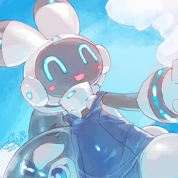 ambiguous_gender anthro clothing cloud glowing holding_object inflatable_toy low-angle_view machine one-piece_swimsuit open_mouth outside pool_toy screen screen_face sky solo swimwear cotora ept_(cotora) lagomorph leporid mammal rabbit robot robot_anthro 1:1 2021 hi_res signature