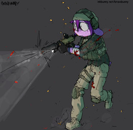 ambiguous_gender anthro blood bodily_fluids clothed clothed_ambiguous clothed_anthro clothing fully_clothed fully_clothed_ambiguous fully_clothed_anthro fur grey_background gun hair military_uniform nervous nervous_sweat purple_body purple_fur purple_hair ranged_weapon rifle shooting simple_background solo sweat uniform weapon bravobunny lagomorph leporid mammal rabbit full-length_portrait hi_res portrait