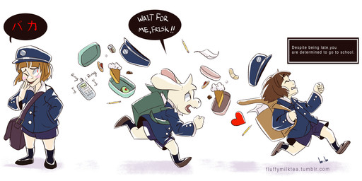 ambiguous_gender backpack boots clothed clothing dialogue electronics footwear fully_clothed fur group hat headgear headwear heart_symbol long_ears male open_mouth phone running shoes teeth text uniform white_body white_fur yelling fluffymilktea undertale undertale_(series) asriel_dreemurr chara_(undertale) frisk_(undertale) boss_monster_(undertale) bovid caprine human mammal absurd_res english_text hi_res japanese_text url