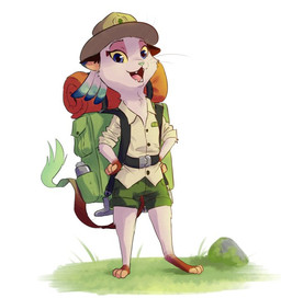 anthro backpack barefoot biped blue_eyes bottomwear clothed clothing feet fully_clothed fur open_mouth open_smile shirt shorts simple_background smile solo standing topwear whiskers white_background white_body white_fur vulpesvant ribbontail_(character) felid feline mammal 2017