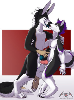 animal_genitalia animal_penis anthro balls black_nose black_pawpads black_tongue blue_eyes blue_tongue bodily_fluids border canine_genitalia canine_penis claws cum cum_in_sheath cum_inside digitigrade dipstick_tail docking drooling duo erection eyebrows eyes_closed french_kissing fur genital_fluids genitals gloves_(marking) gradient_background hair kissing knot leg_markings male male/male male_penetrated male_penetrating male_penetrating_male markings multicolored_body multicolored_fur multicolored_pawpads multicolored_tail non-canine_knot nude open_mouth pawpads penetration penile penis penis_in_sheath purple_hair saliva saliva_on_tongue saliva_string sex sharp_teeth sheath sheath_penetration sheath_play sheath_sex simple_background smile socks_(marking) tail tail_markings teeth toe_claws tongue tongue_out white_body white_border white_fur sonsasu mythology sakyubasu thash canid canine canis domestic_dog dragon furred_dragon furred_scalie husky mammal mythological_creature mythological_scalie nordic_sled_dog scalie spitz 2015 digital_media_(artwork) hi_res
