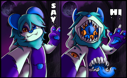 ambiguous_gender anthro blue_horn blue_nose blue_pawpads blue_tongue chest_tuft claws fangs floppy_ears fur green_body green_fur green_hair hair heterochromia horn multi_eye neck_tuft night pawpads purple_background simple_background speech_bubble teeth tongue transformation tuft bagumy_awoo621 gumifer_(bagumy_awoo621) bovid caprine caprine_demon demon goat_demon mammal 2024 digital_media_(artwork)